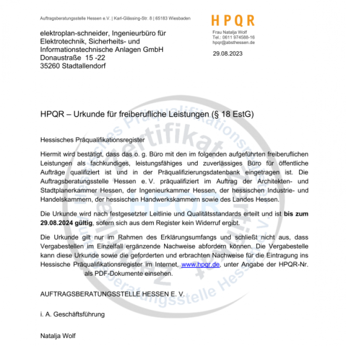 HPQR Urkunde freiberufliche Leistungen 1