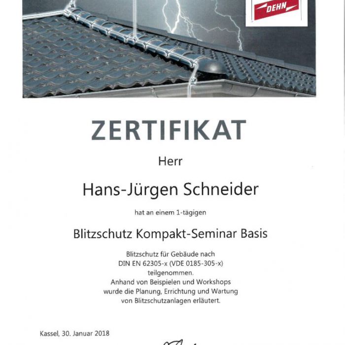 30.01.2018: Zertifikat Blitzschutz Kompakt-Seminar Basis